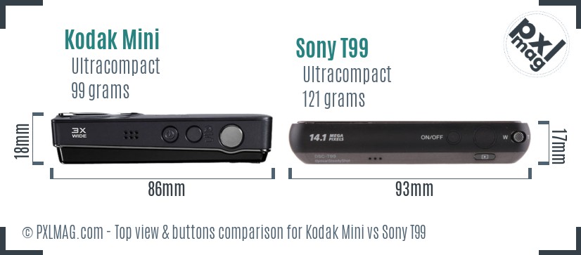Kodak Mini vs Sony T99 top view buttons comparison