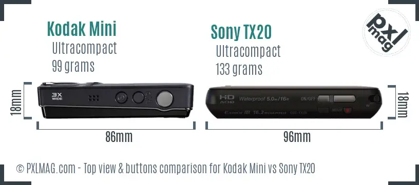 Kodak Mini vs Sony TX20 top view buttons comparison