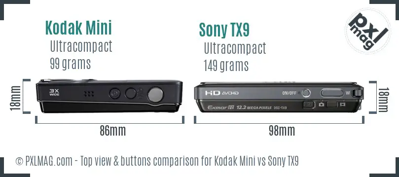 Kodak Mini vs Sony TX9 top view buttons comparison