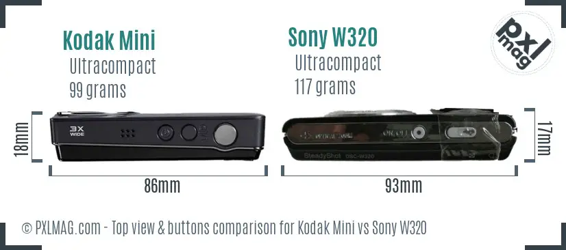 Kodak Mini vs Sony W320 top view buttons comparison