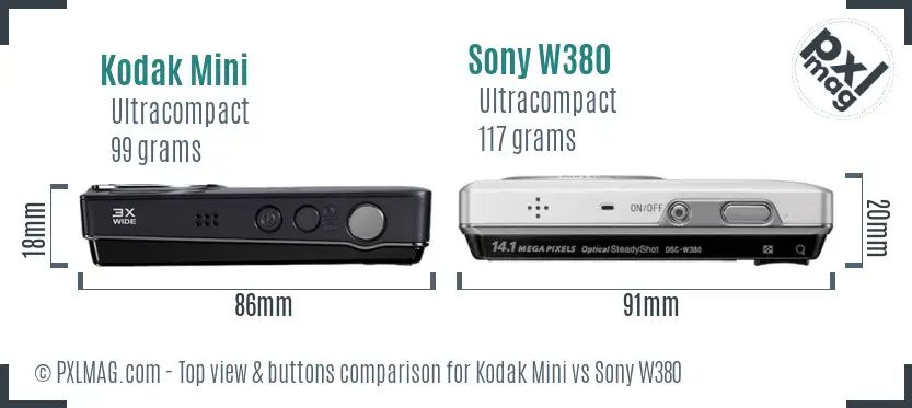 Kodak Mini vs Sony W380 top view buttons comparison Kodak Mini vs Sony W380 top view buttons comparison