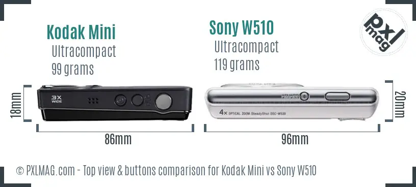 Kodak Mini vs Sony W510 top view buttons comparison