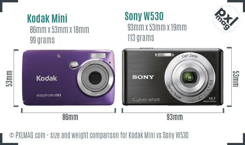 Kodak Mini vs Sony W530 size comparison