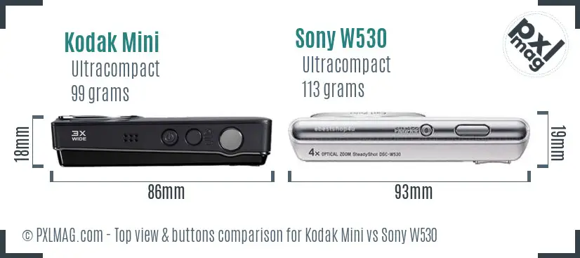 Kodak Mini vs Sony W530 top view buttons comparison