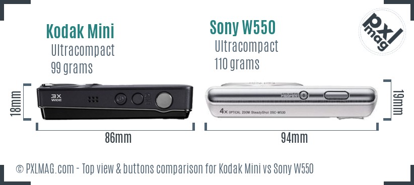 Kodak Mini vs Sony W550 top view buttons comparison