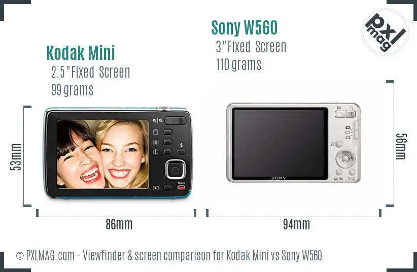 Kodak Mini vs Sony W560 Screen and Viewfinder comparison
