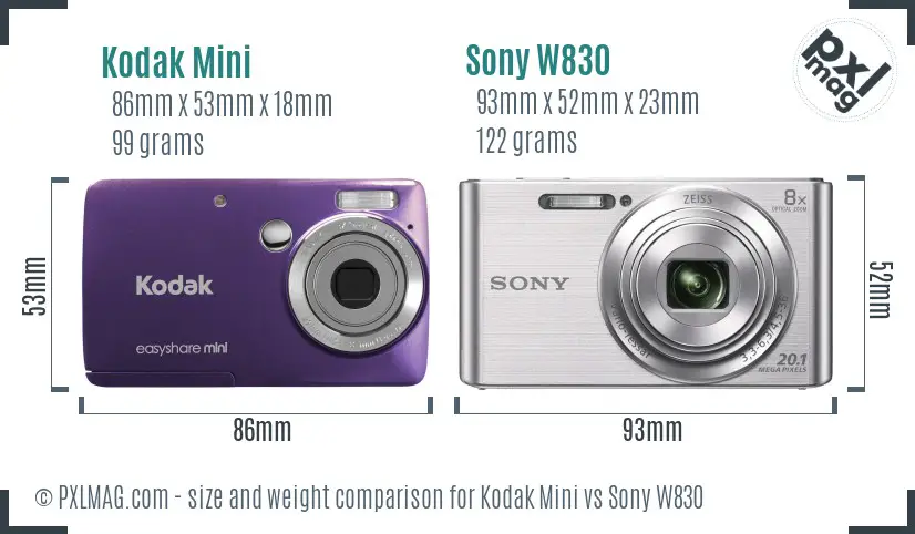 Kodak Mini vs Sony W830 size comparison