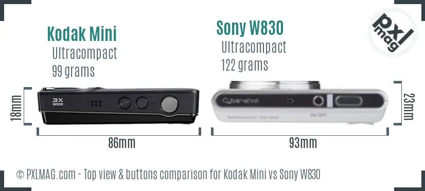 Kodak Mini vs Sony W830 top view buttons comparison