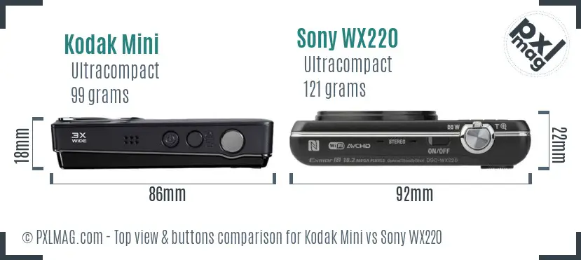 Kodak Mini vs Sony WX220 top view buttons comparison