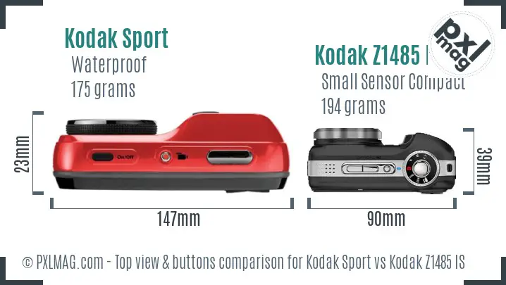 Kodak Sport vs Kodak Z1485 IS top view buttons comparison Kodak Sport vs Kodak Z1485 IS top view buttons comparison