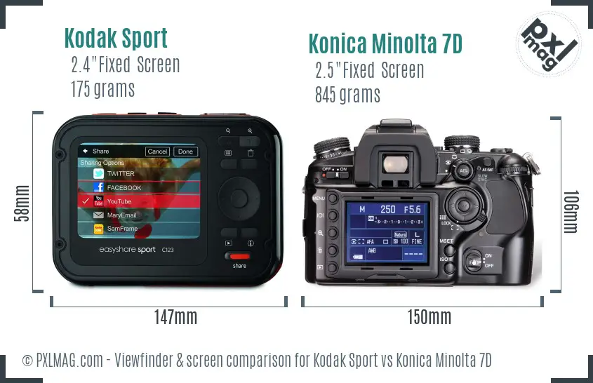 Kodak Sport vs Konica Minolta 7D Screen and Viewfinder comparison