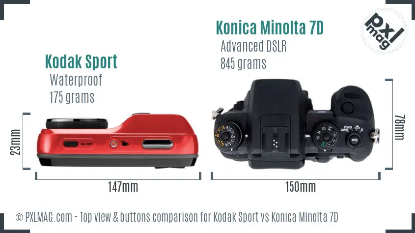Kodak Sport vs Konica Minolta 7D top view buttons comparison