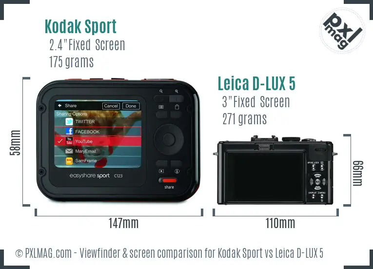 Kodak Sport vs Leica D-LUX 5 Screen and Viewfinder comparison