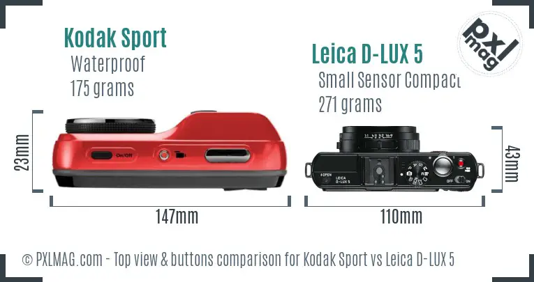 Kodak Sport vs Leica D-LUX 5 top view buttons comparison