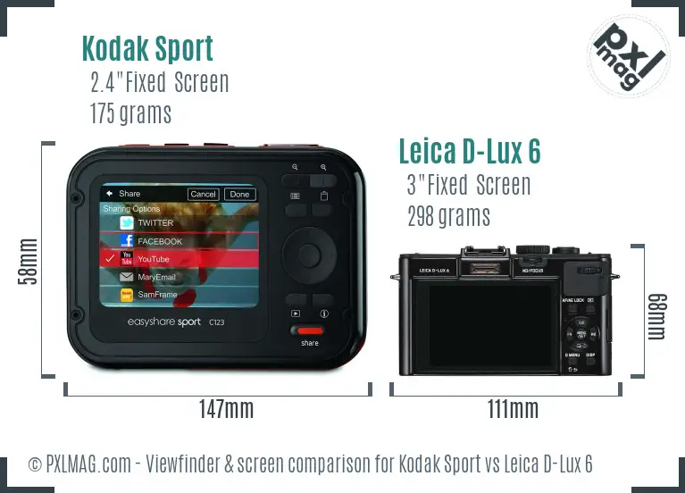 Kodak Sport vs Leica D-Lux 6 Screen and Viewfinder comparison