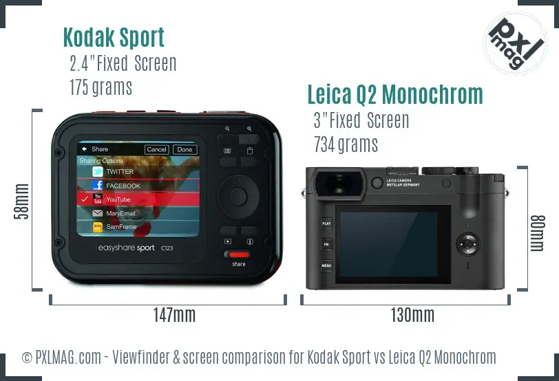 Kodak Sport vs Leica Q2 Monochrom Screen and Viewfinder comparison