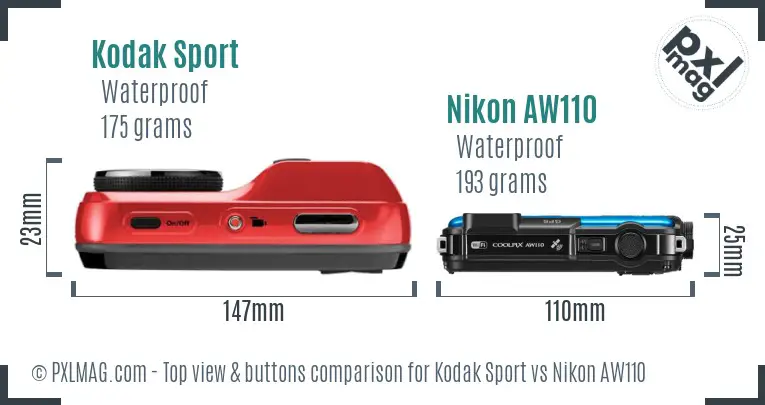 Kodak Sport vs Nikon AW110 top view buttons comparison