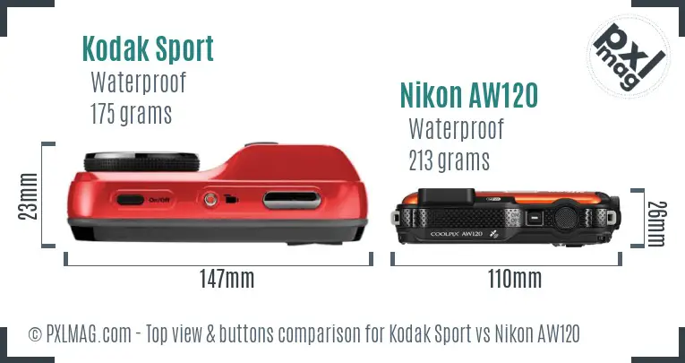 Kodak Sport vs Nikon AW120 top view buttons comparison
