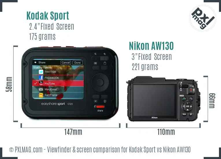 Kodak Sport vs Nikon AW130 Screen and Viewfinder comparison