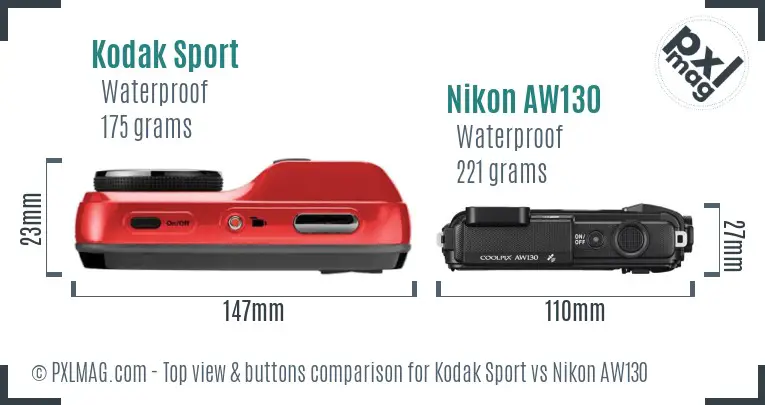 Kodak Sport vs Nikon AW130 top view buttons comparison