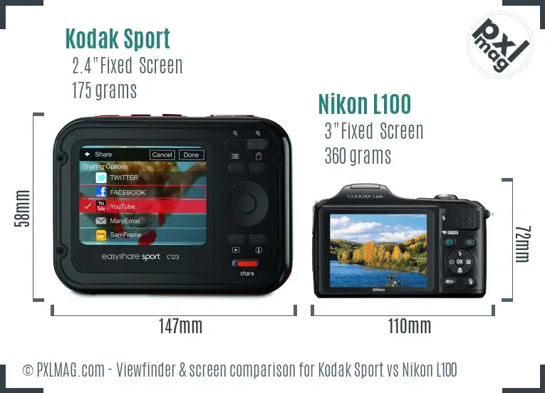 Kodak Sport vs Nikon L100 Screen and Viewfinder comparison