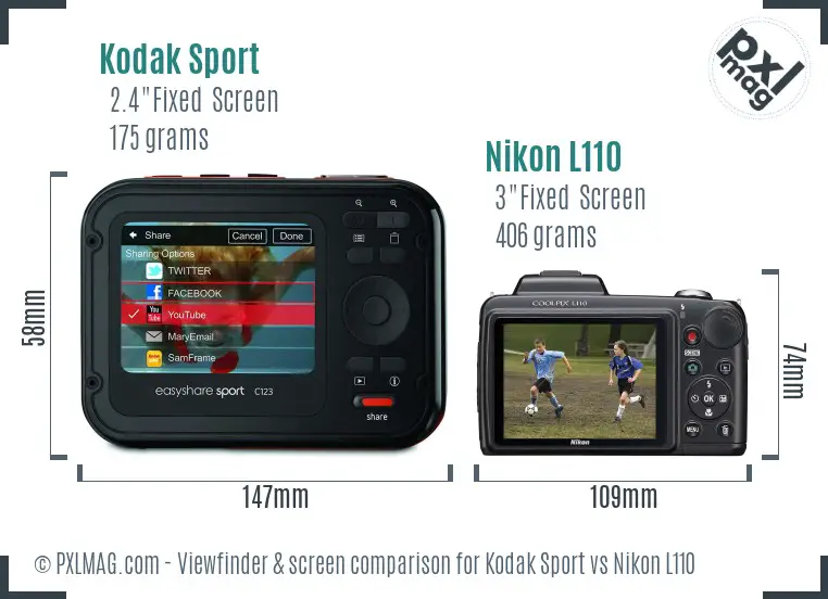 Kodak Sport vs Nikon L110 Screen and Viewfinder comparison
