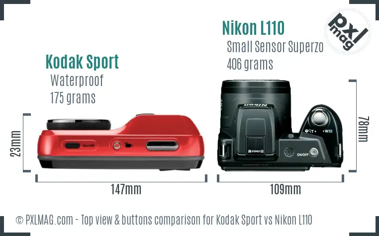 Kodak Sport vs Nikon L110 top view buttons comparison