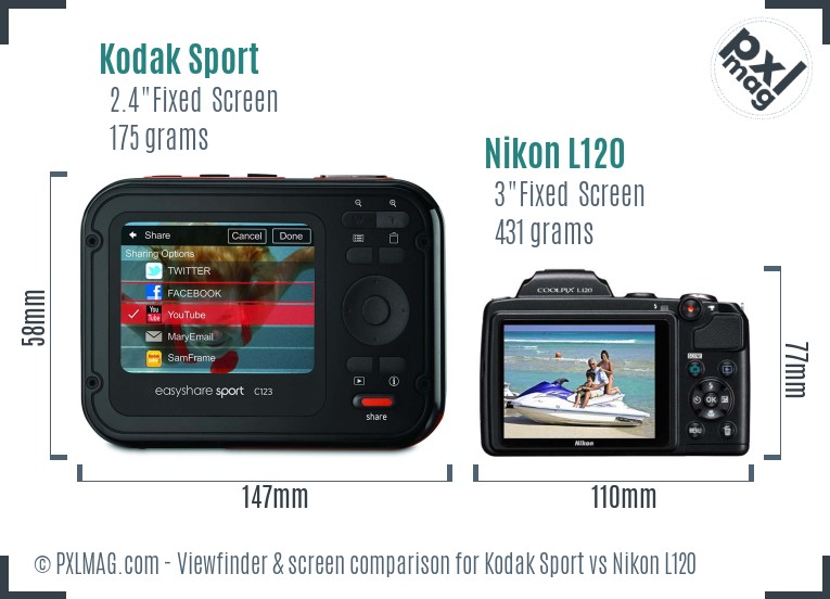 Kodak Sport vs Nikon L120 Screen and Viewfinder comparison