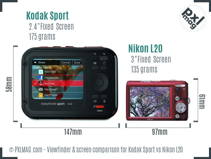 Kodak Sport vs Nikon L20 Screen and Viewfinder comparison