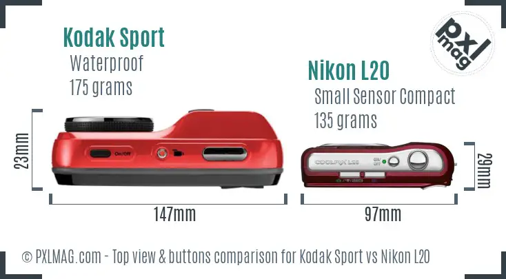 Kodak Sport vs Nikon L20 top view buttons comparison