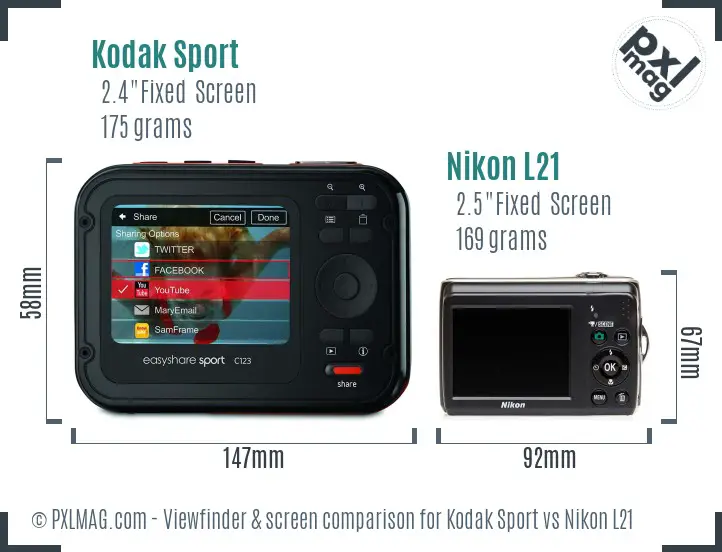 Kodak Sport vs Nikon L21 Screen and Viewfinder comparison