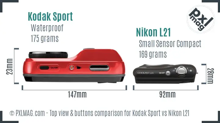 Kodak Sport vs Nikon L21 top view buttons comparison