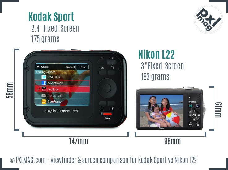 Kodak Sport vs Nikon L22 Screen and Viewfinder comparison