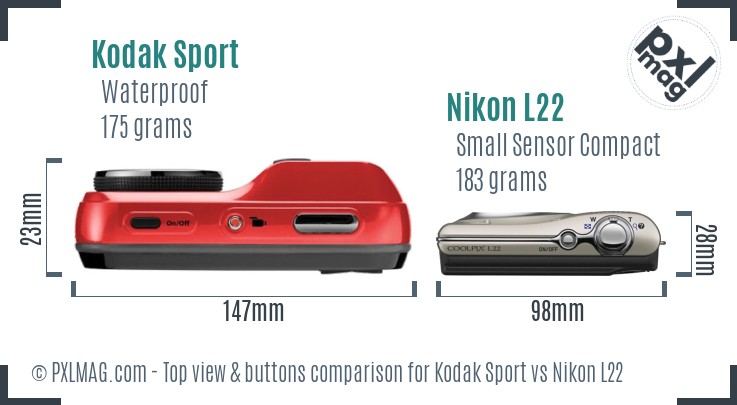 Kodak Sport vs Nikon L22 top view buttons comparison