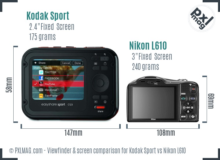 Kodak Sport vs Nikon L610 Screen and Viewfinder comparison