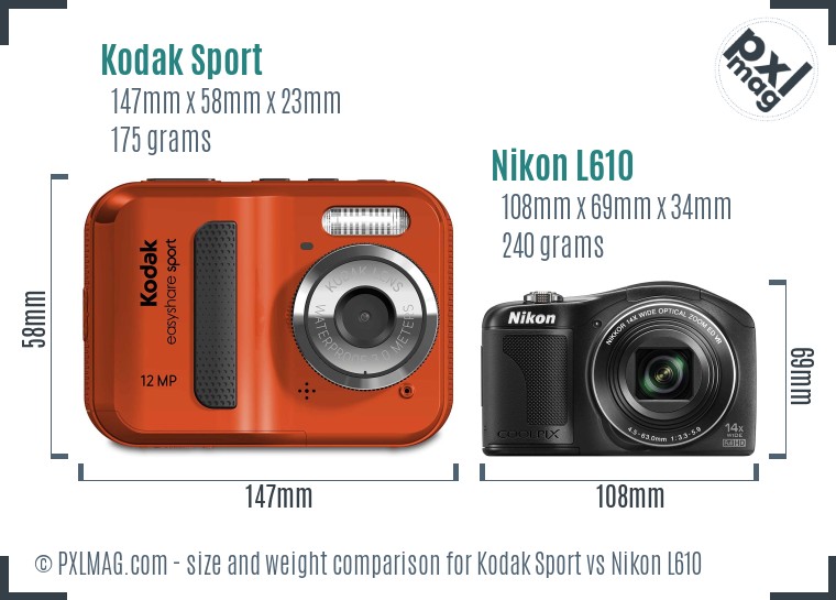 Kodak Sport vs Nikon L610 size comparison