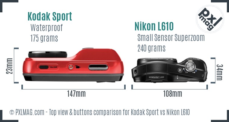 Kodak Sport vs Nikon L610 top view buttons comparison