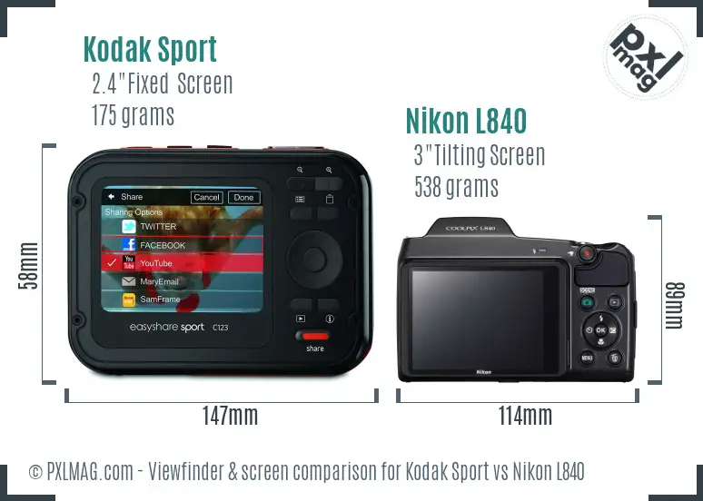 Kodak Sport vs Nikon L840 Screen and Viewfinder comparison