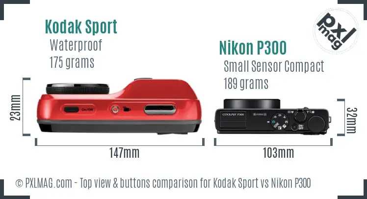 Kodak Sport vs Nikon P300 top view buttons comparison