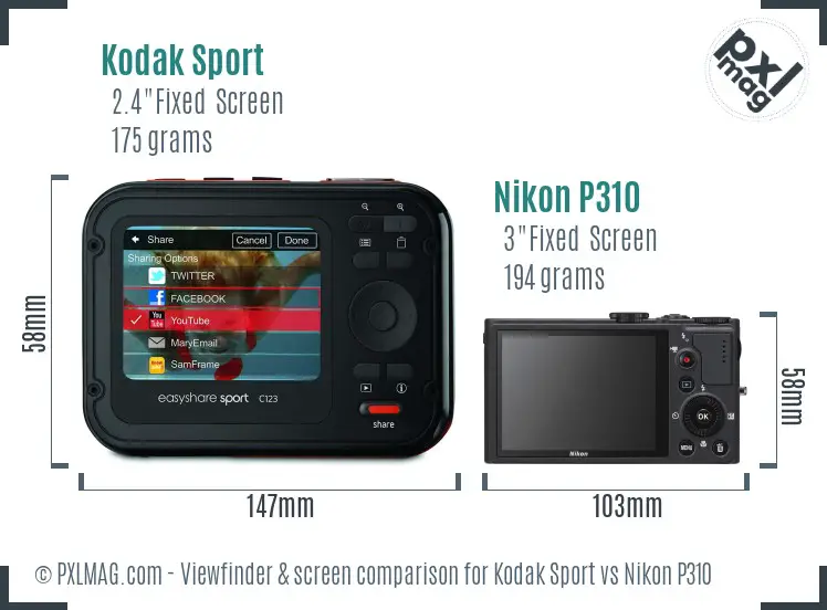 Kodak Sport vs Nikon P310 Screen and Viewfinder comparison