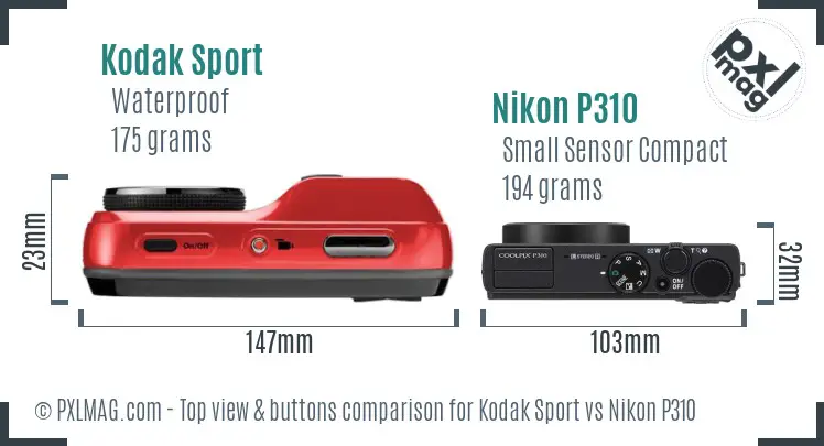 Kodak Sport vs Nikon P310 top view buttons comparison