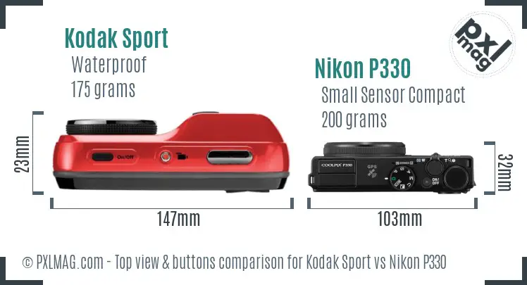 Kodak Sport vs Nikon P330 top view buttons comparison Kodak Sport vs Nikon P330 top view buttons comparison