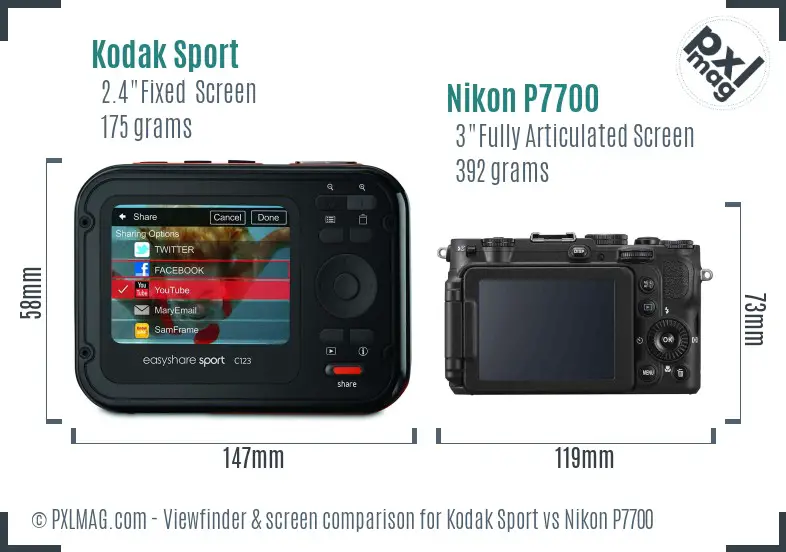 Kodak Sport vs Nikon P7700 Screen and Viewfinder comparison