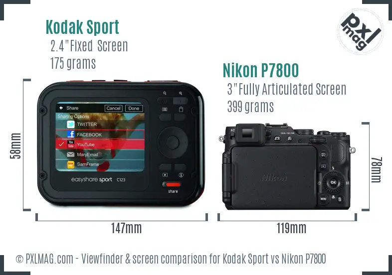 Kodak Sport vs Nikon P7800 Screen and Viewfinder comparison