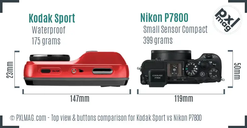 Kodak Sport vs Nikon P7800 top view buttons comparison