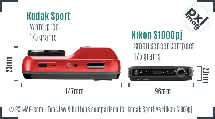 Kodak Sport vs Nikon S1000pj top view buttons comparison Kodak Sport vs Nikon S1000pj top view buttons comparison