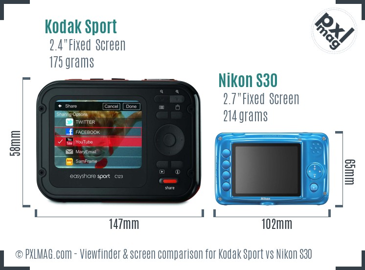 Kodak Sport vs Nikon S30 Screen and Viewfinder comparison