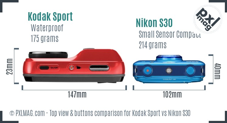 Kodak Sport vs Nikon S30 top view buttons comparison