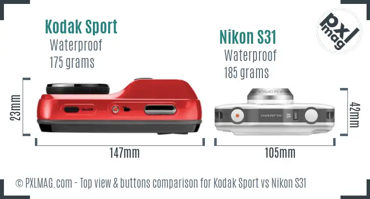 Kodak Sport vs Nikon S31 top view buttons comparison Kodak Sport vs Nikon S31 top view buttons comparison
