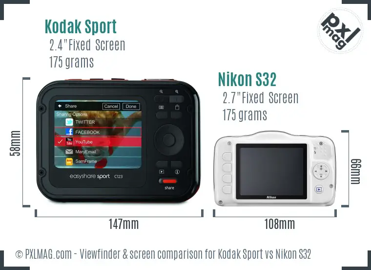 Kodak Sport vs Nikon S32 Screen and Viewfinder comparison